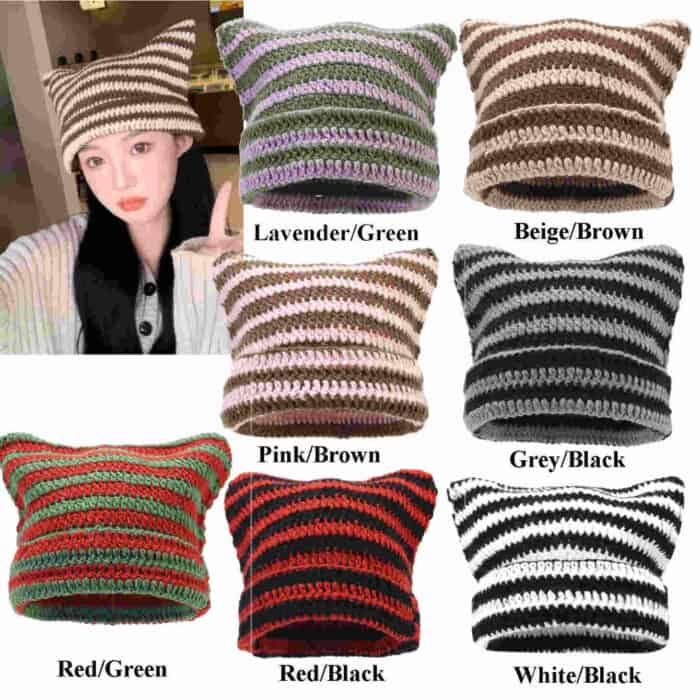 HZ-3053 Women's Striped Cat Ear Knitted Beanie