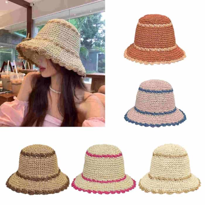 HZ-4247 Women's Hand Crochet Clothe Straw Bucket Sun Hat with Scallop Edge