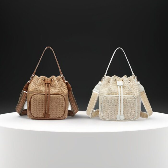 L-303 Women's Straw Drawstring Bucket Handbag