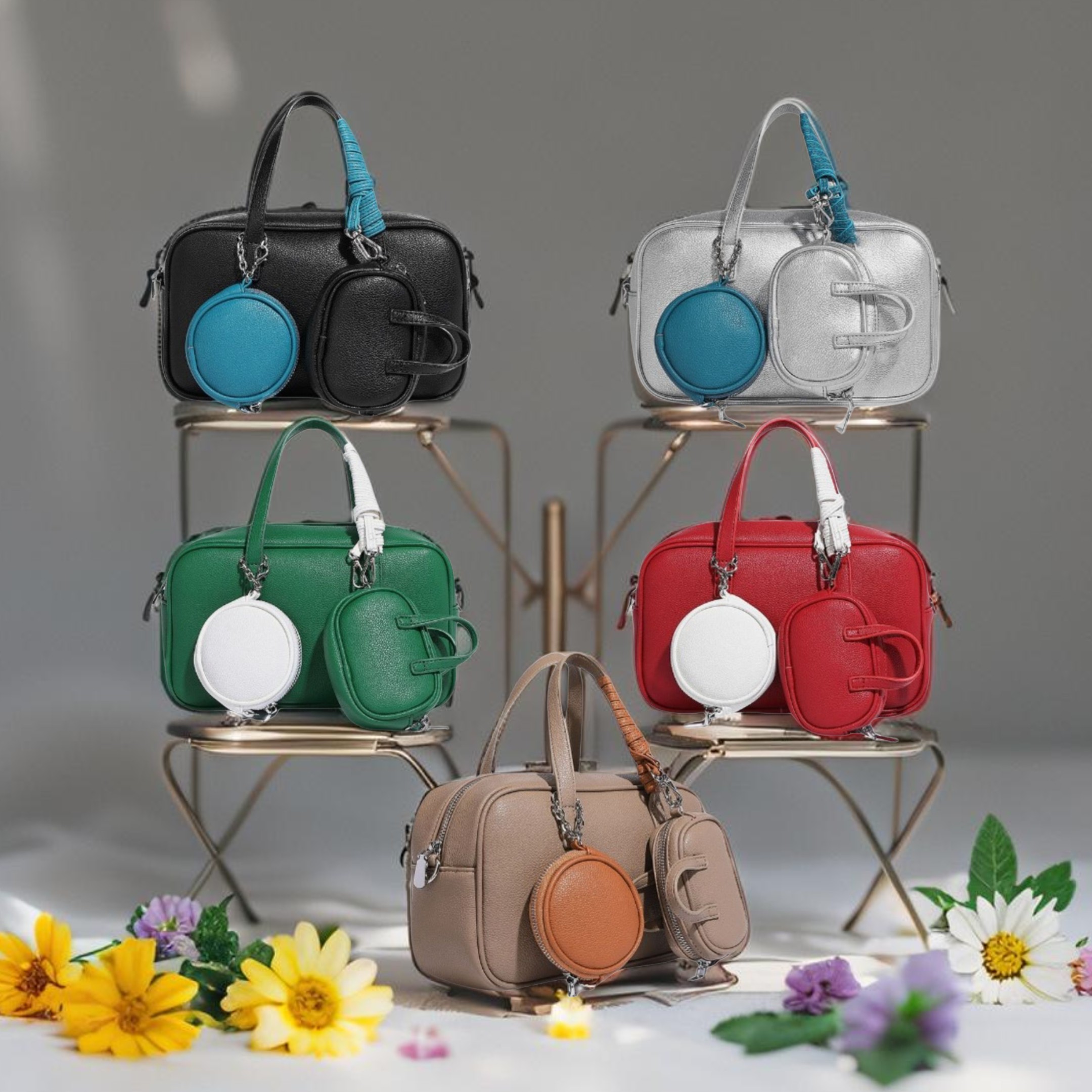 HZ-8289 Women's Double Handle Soft Leather Satchel Crossbody Bag with Two Mini Pouch