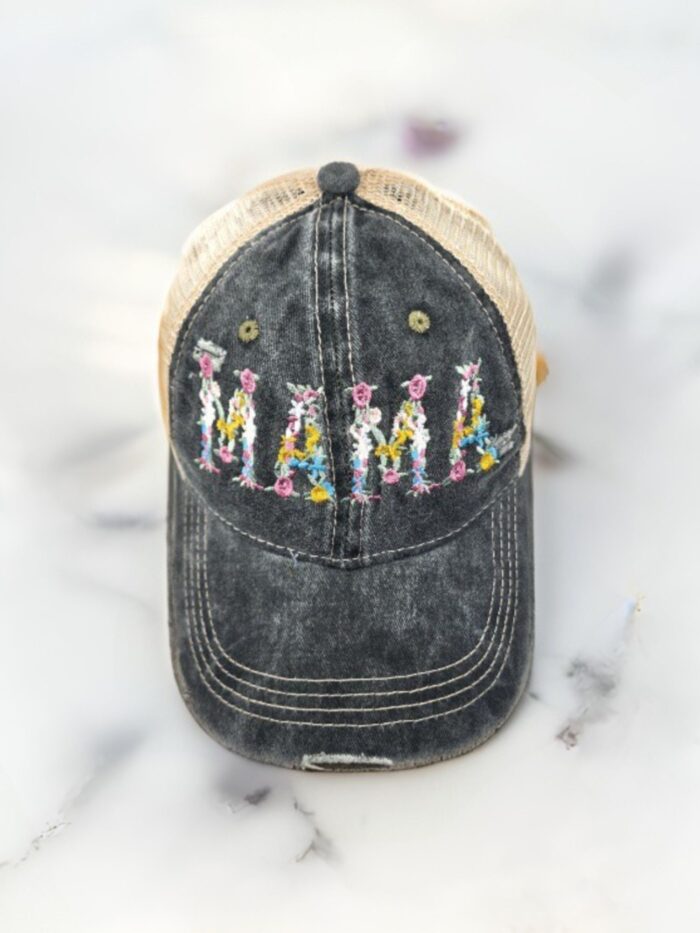 HZ-7790 MAMA Flower Pattern Embroidered Denim Baseball Cap