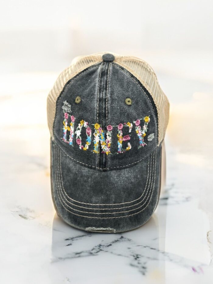 HZ-7791 HONEY Flower Pattern Embroidered Denim Baseball Cap