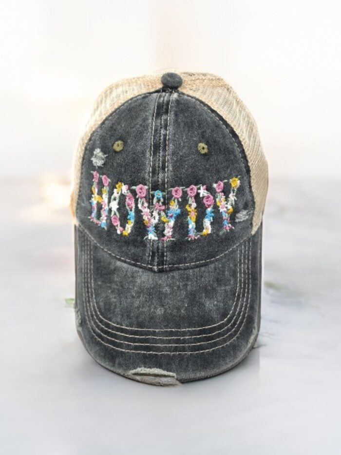 HZ-7793 HOWDY Flower Pattern Embroidered Denim Baseball Cap