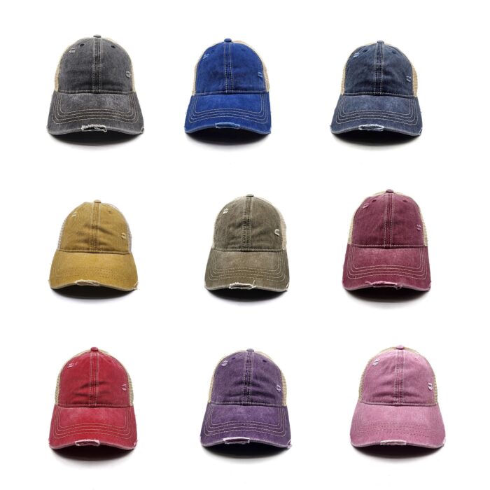 HZ-12070 Women's Washed Distressed Denim Ponytail Baseball Cap