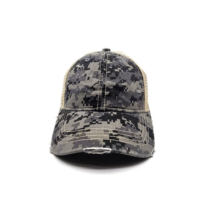 HZ-12072 Women's Pixel Camouflage Distressed Cotton Ponytail Baseball Cap - Image 2