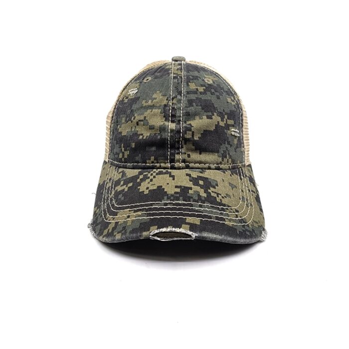 HZ-12072 Women's Pixel Camouflage Distressed Cotton Ponytail Baseball Cap - Image 3