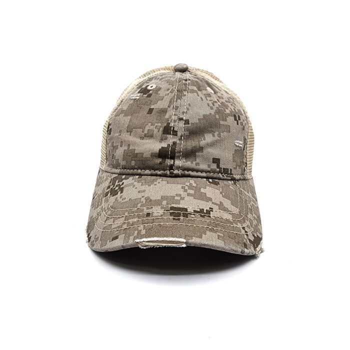 HZ-12072 Women's Pixel Camouflage Distressed Cotton Ponytail Baseball Cap - Image 4