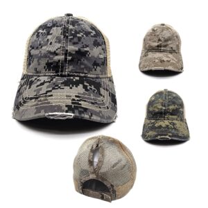 HZ-12072 Women's Pixel Camouflage Distressed Cotton Ponytail Baseball Cap
