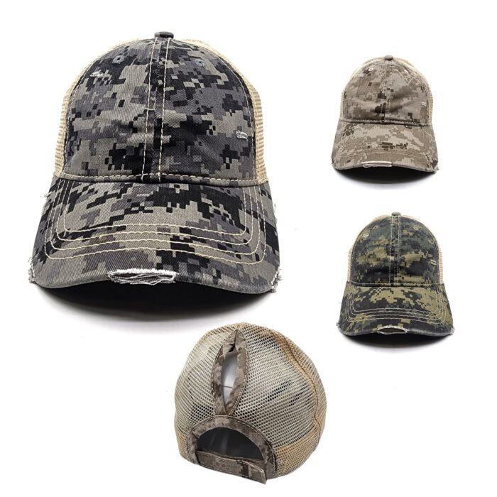 HZ-12072 Women's Pixel Camouflage Distressed Cotton Ponytail Baseball Cap