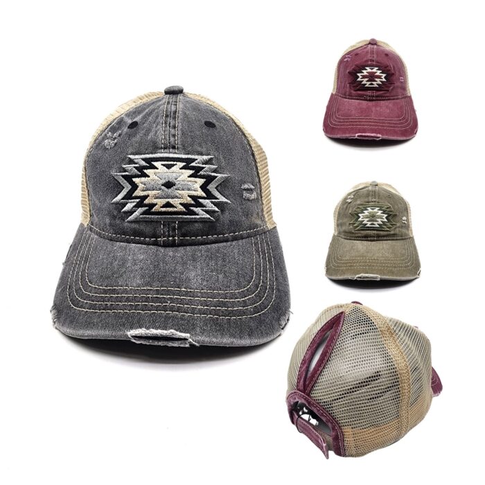 HZ-12073 Women's Aztec Pattern Embroidered Ponytail Baseball Cap