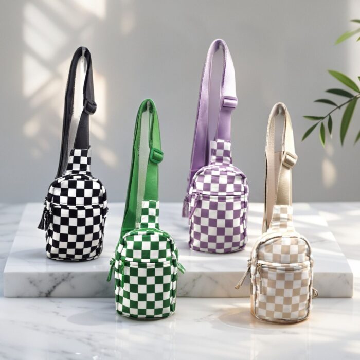 HZ-8078 Checkered Pattern Nylon Sling Crossbody Bag with Adjustable Shoulder Strap