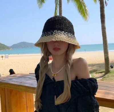 HZ-032 Two Contrast Tone Straw Bucket Hat for Summer
