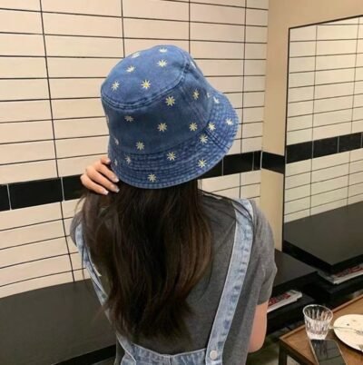 HZ-3007 Flower Embroidered Washed Denim Bucket Hat