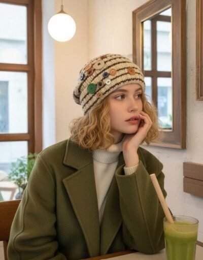 HZ-3045 Decorative Button Detailed Winter Knit Beanie