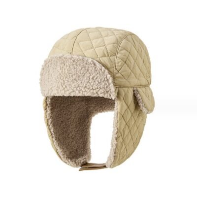 HZ-3052 Fleece Lined Quilted Aviator Trapper Winter Warm Hat 6 Beige color winter hat