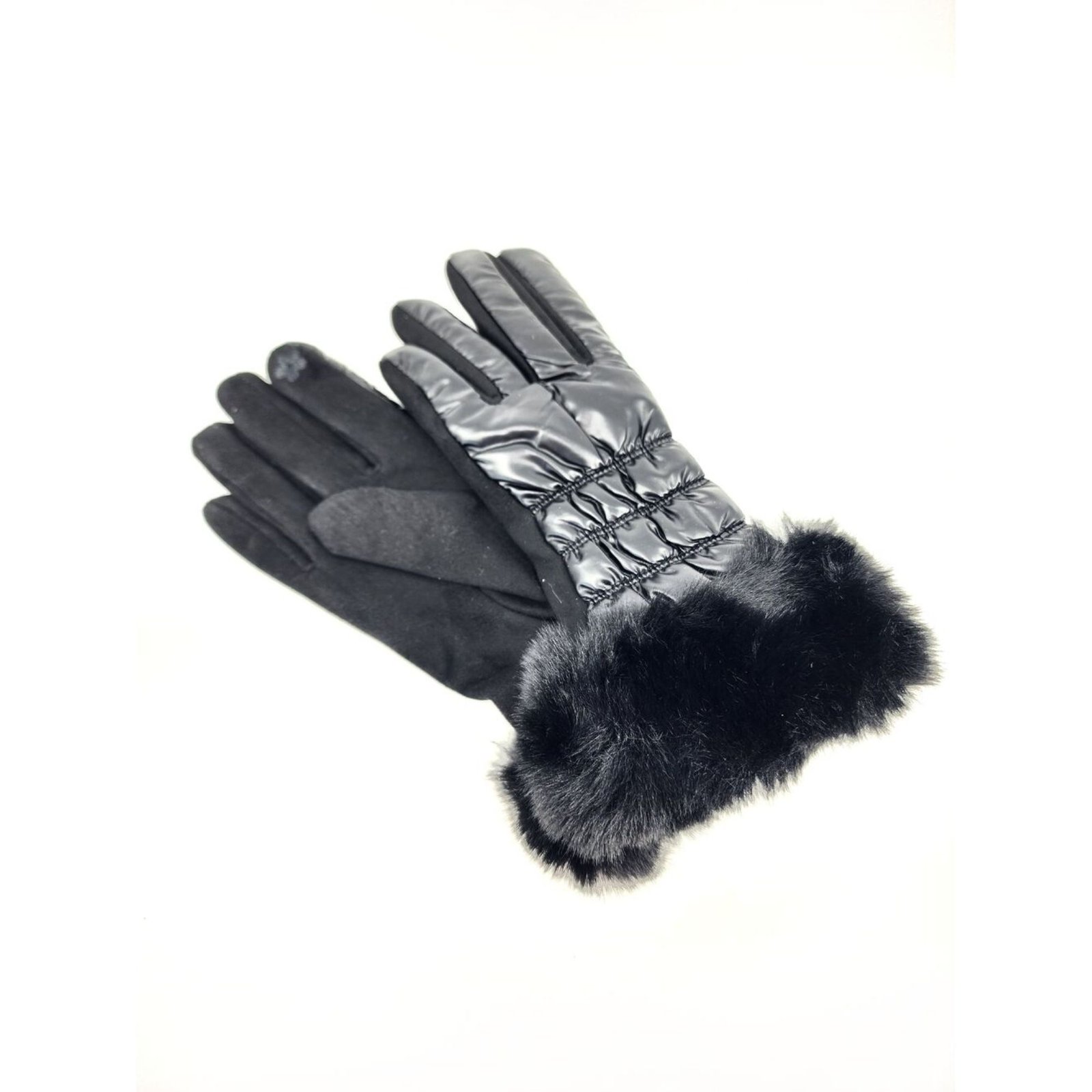 HZ-3056 Metallic Puffer Full Fingers Glove with Fur Trim 2 Black color glove