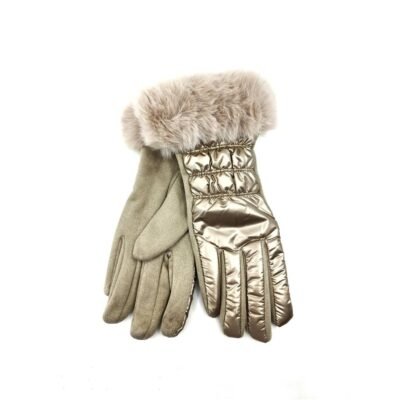 HZ-3056 Metallic Puffer Full Fingers Glove with Fur Trim 8 Gold color glove