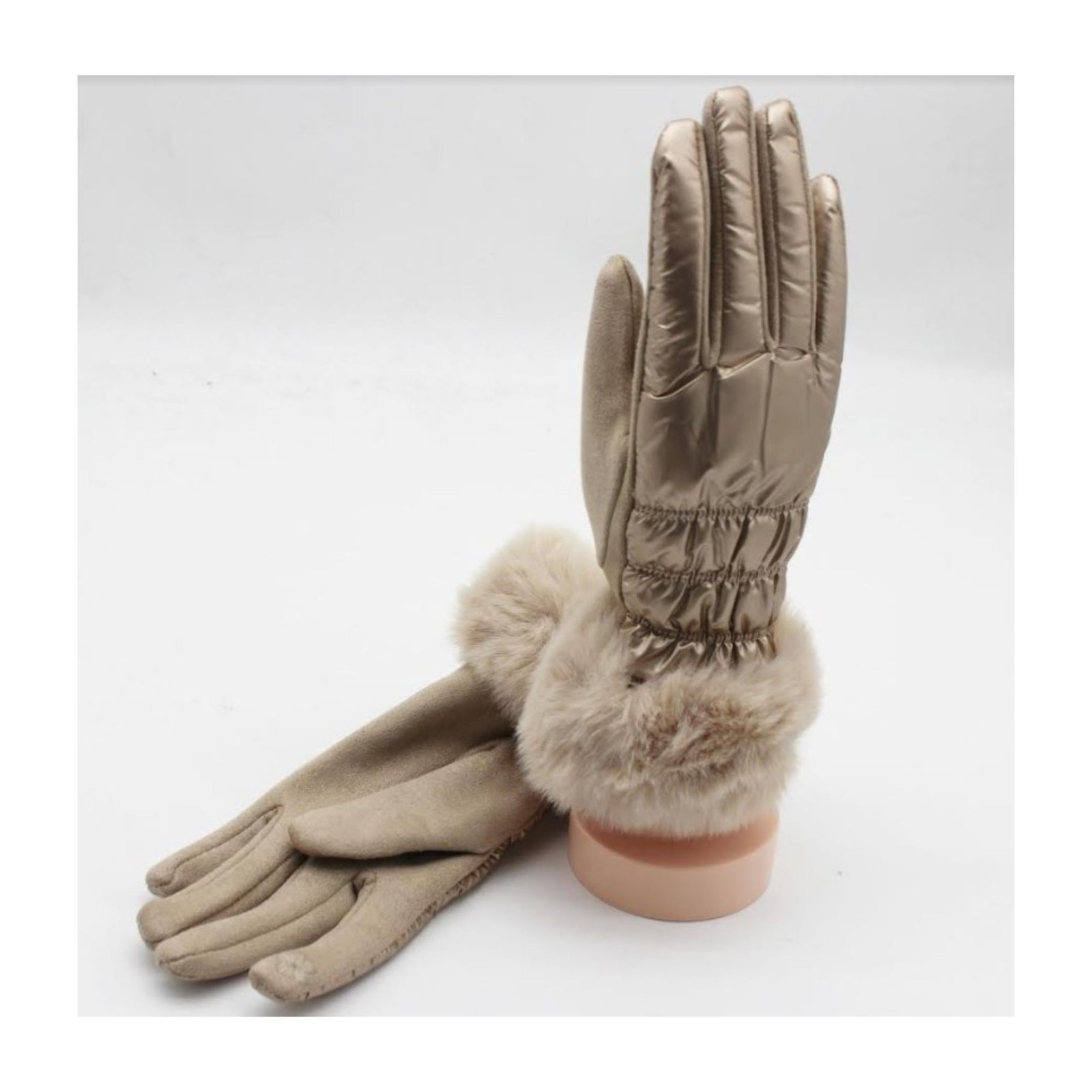 HZ-3056 Metallic Puffer Full Fingers Glove with Fur Trim 4 HZ-3056 Metallic Puffer Full Fingers Glove with Fur Trim - Image 4