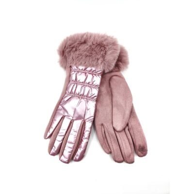 HZ-3056 Metallic Puffer Full Fingers Glove with Fur Trim 10 Pink color glove