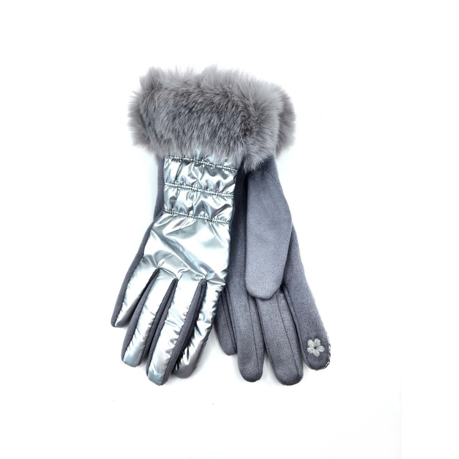 HZ-3056 Metallic Puffer Full Fingers Glove with Fur Trim 6 Silver color glove