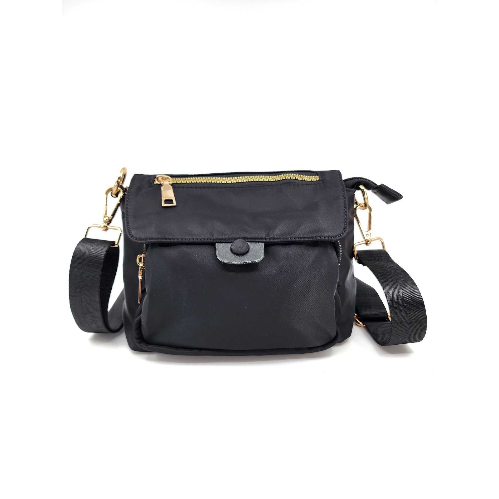 HZ-6169 Nylon Flap Top Zip Crossbody Bag 2 Black color nylon bag