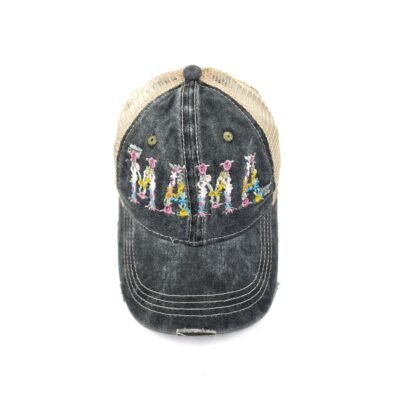 Alternative view of HZ-7790 MAMA Floral Letter Distressed Denim Baseball Cap