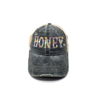 Alternative view of HZ-7791 HONEY Floral Letter Distressed Denim Baseball Cap