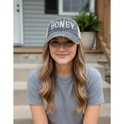 HZ-7791 HONEY Floral Letter Distressed Denim Baseball Cap