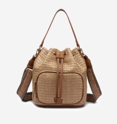 Natural color drawstring straw bag