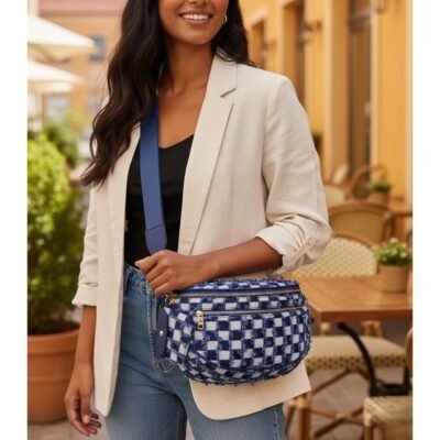 SS-2410 Distressed Denim Checkered Crossbody Bag