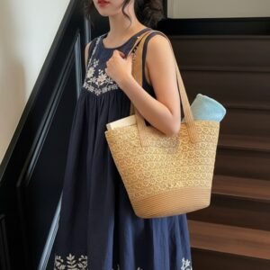 SS-2421 Lace Detailed Straw Summer Shoulder Tote Bag